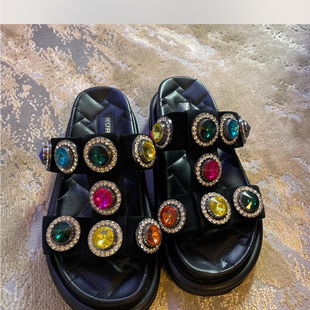 Kurt Geiger Black and Blue Sandals with Bold Embellishments